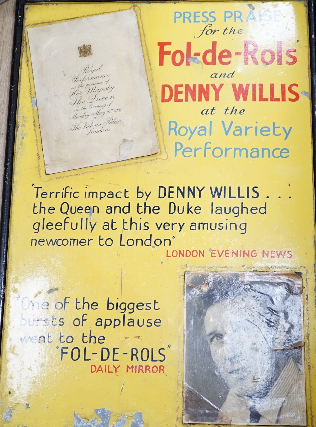 Two enamelled metal ‘Royal Variety’ advertisement posters, 78cm high, 53cm wide